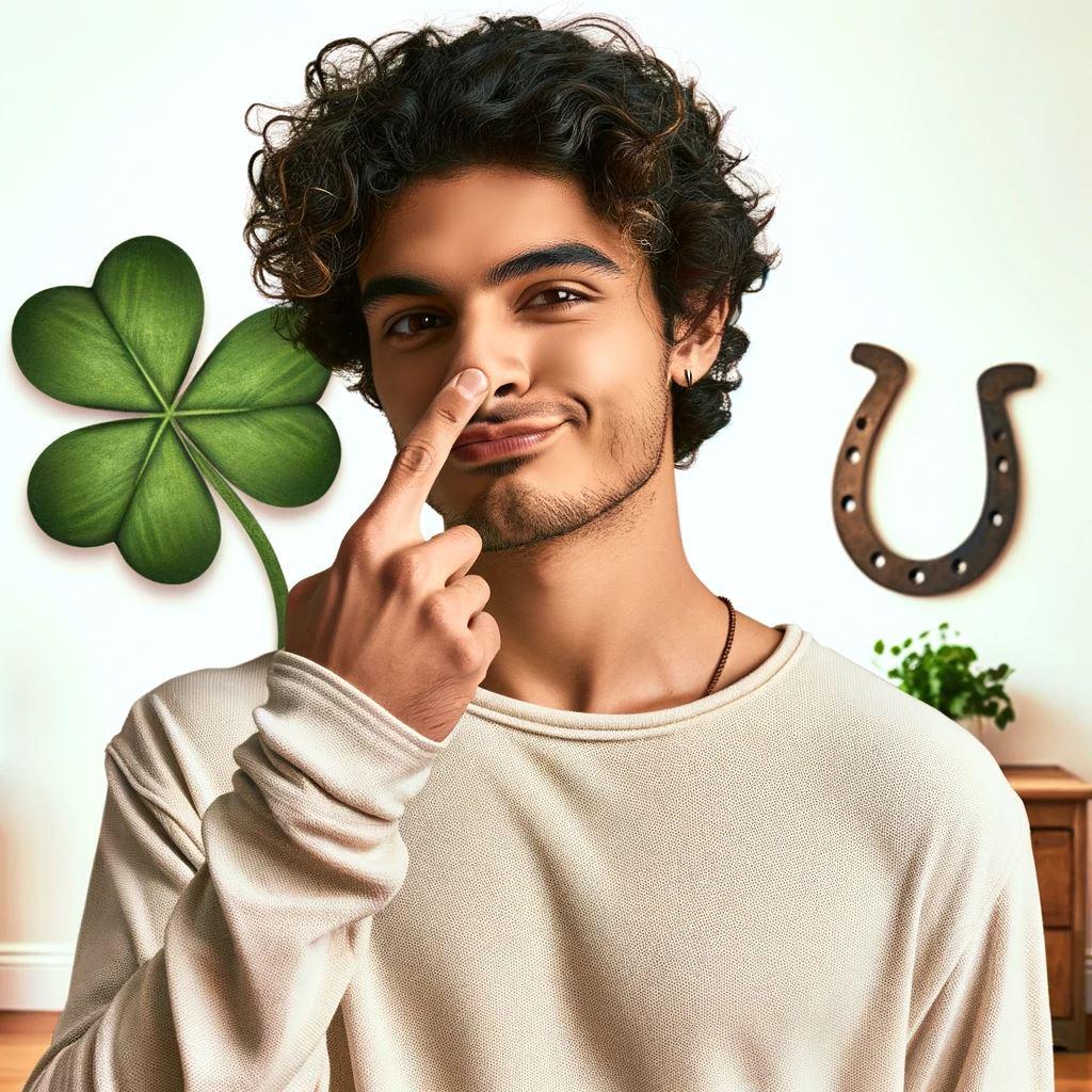 Un doigt qui touche son nez et qui a beaucoup de chance