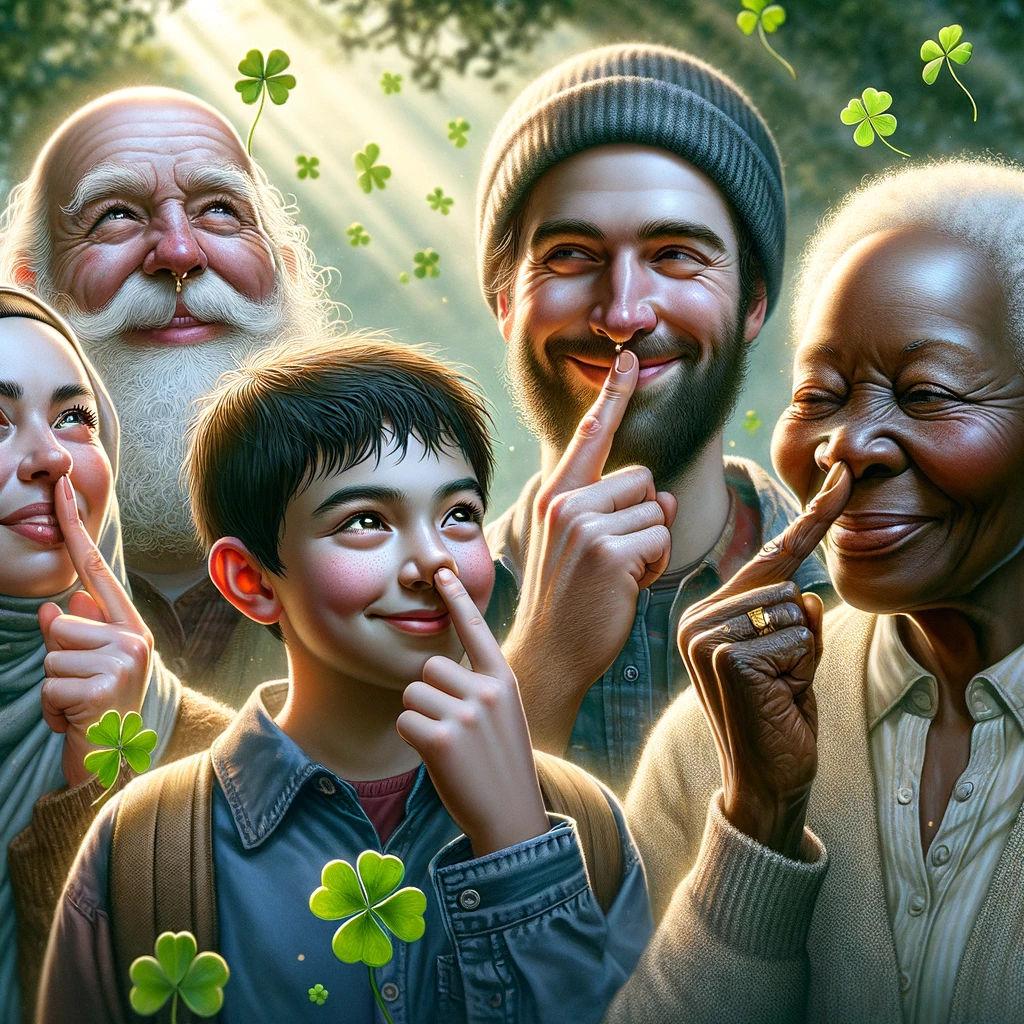 Un doigt qui touche son nez et qui a beaucoup de chance